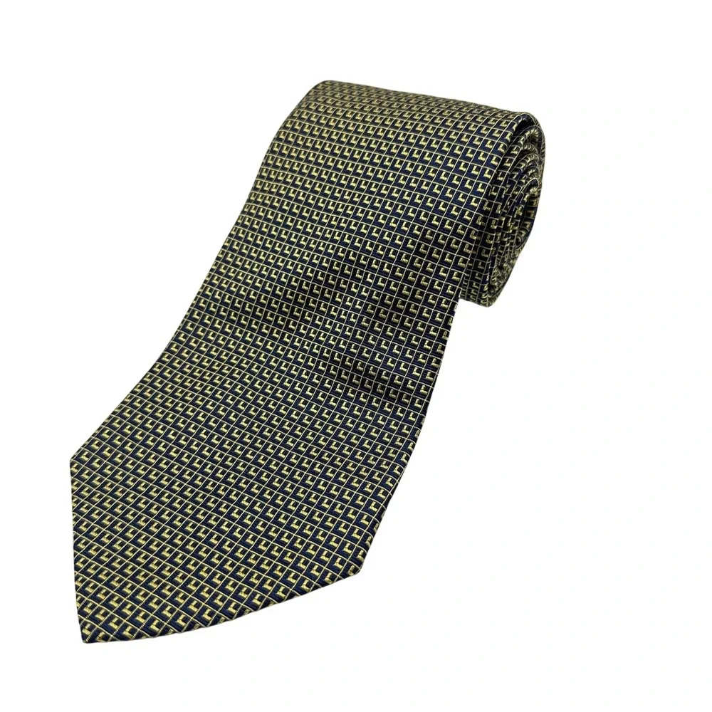 Lauren Ralph Lauren Tie Mens One Size Navy Gold Geometric Silk Made in USA